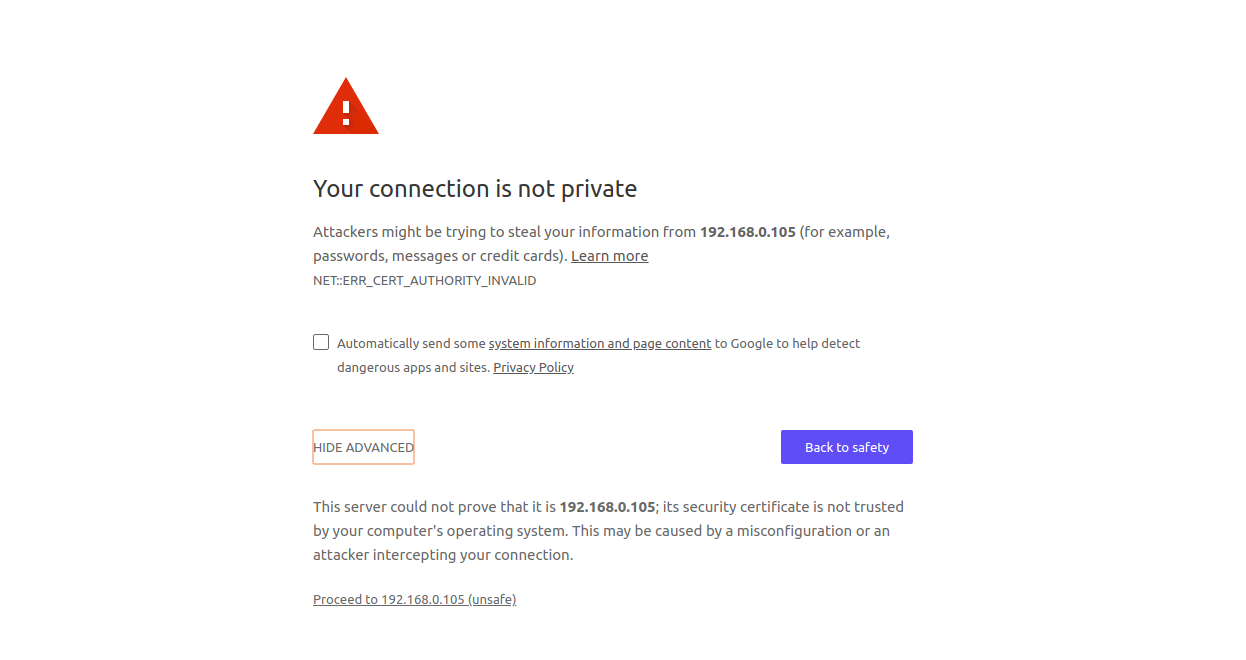 SSL Warning due to a self-signed SSL certificate