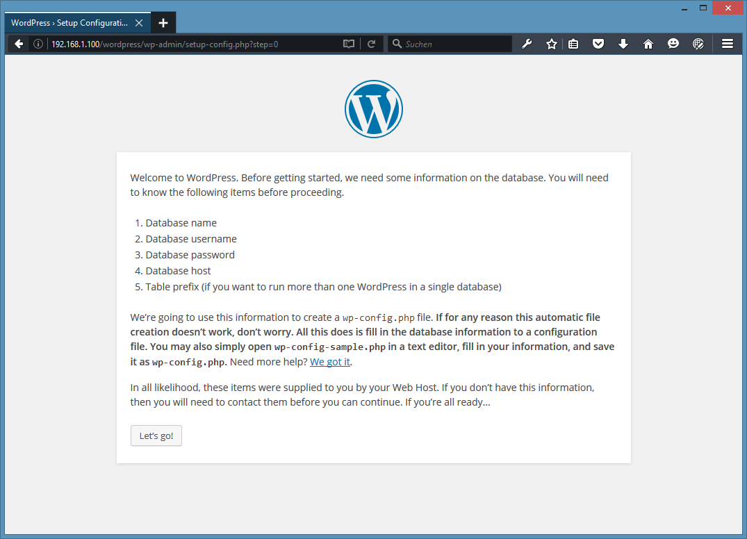 The WordPress welcome screen in your language shows up.