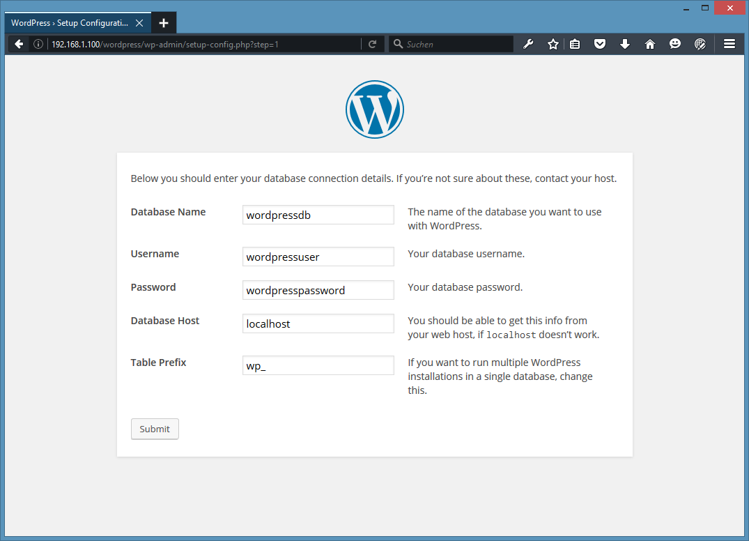 Enter the WordPress database details.