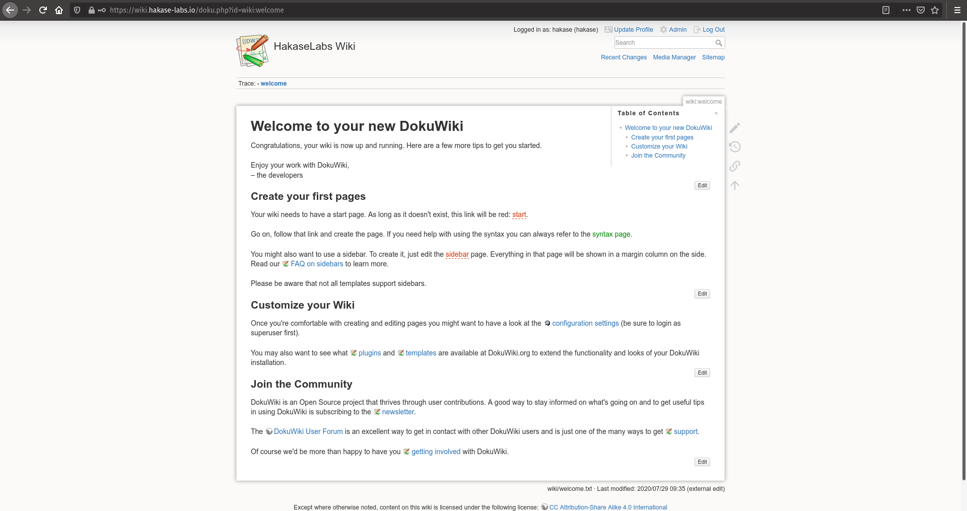 DokuWIki Welcome Page to Admin Dashboard